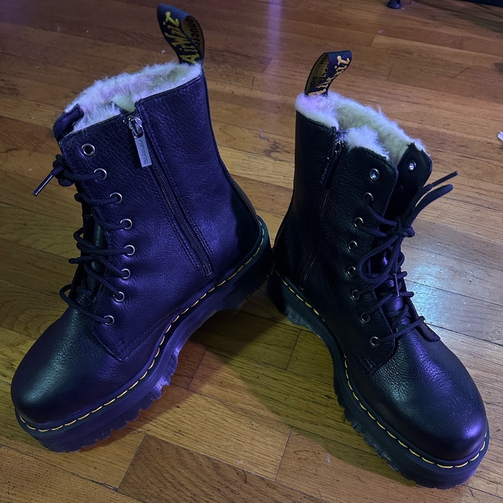 Dr. Martens black combat books with fur inside. 1inch platform “air soles.”